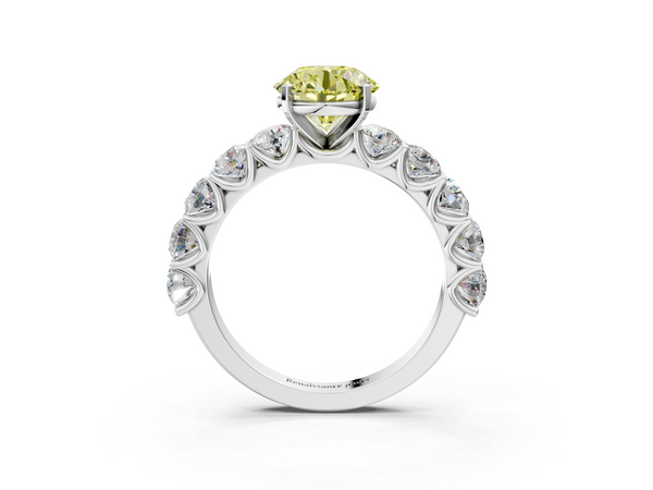 Platinum Fancy Yellow Round Cut Diamond Prong Setting with Side Stones on a Pave Band