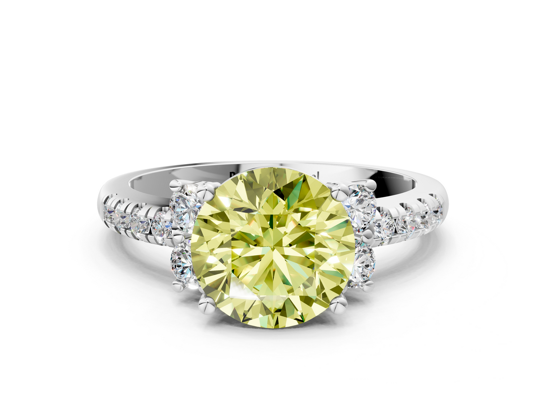 White gold Fancy Yellow Round  Diamond Three-Stone Pave Band with Four-Prong Setting