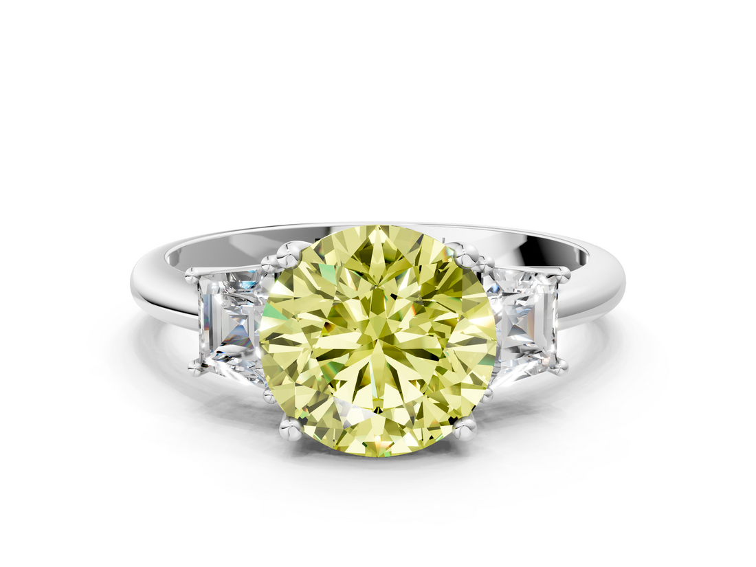 White gold Fancy Yellow Round  Diamond Three-Stone Ring with Trapezoid Side Stones and Prong Setting