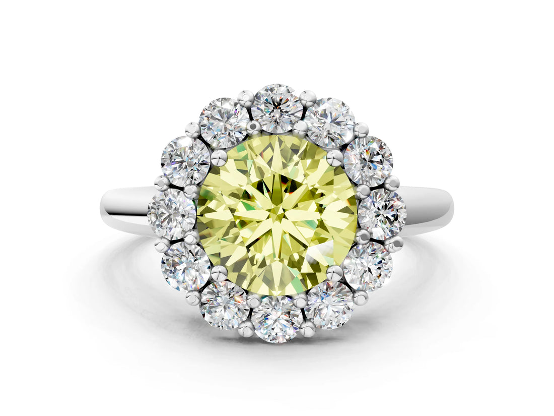 White gold Fancy Yellow Round  Halo Cluster Diamond Engagement Ring with Prong Setting and Polished Band_63