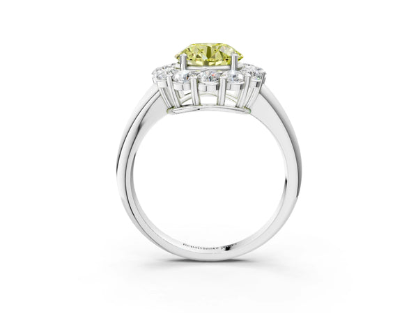 Platinum Fancy Yellow Round  Halo Cluster Diamond Engagement Ring with Prong Setting and Polished Band