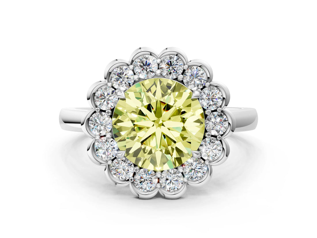 White gold Fancy Yellow Round  Halo Cluster Diamond Engagement Ring with Solitaire Band and Prong Setting_71
