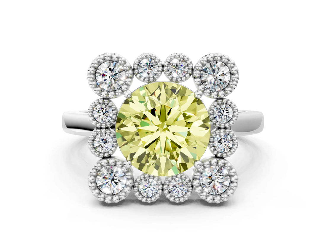 White gold Fancy Yellow Round  Halo Diamond Cluster Engagement Ring with Milgrain Bezel Setting and Solitaire Band_27