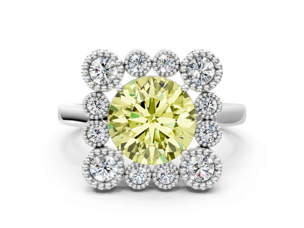Platinum Fancy Yellow Round  Halo Diamond Cluster Engagement Ring with Milgrain Bezel Setting and Solitaire Band