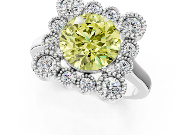 Platinum Fancy Yellow Round  Halo Diamond Cluster Engagement Ring with Milgrain Bezel Setting and Solitaire Band