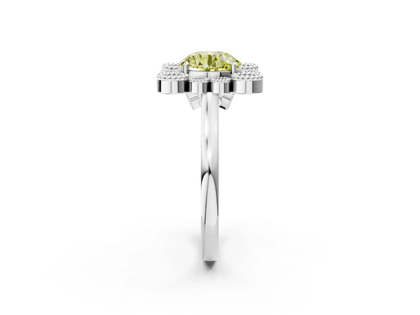 Platinum Fancy Yellow Round  Halo Diamond Cluster Engagement Ring with Milgrain Bezel Setting and Solitaire Band