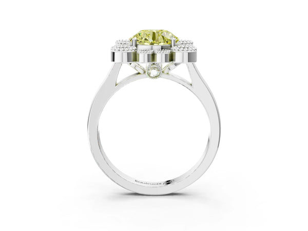 Platinum Fancy Yellow Round  Halo Diamond Cluster Engagement Ring with Milgrain Bezel Setting and Solitaire Band
