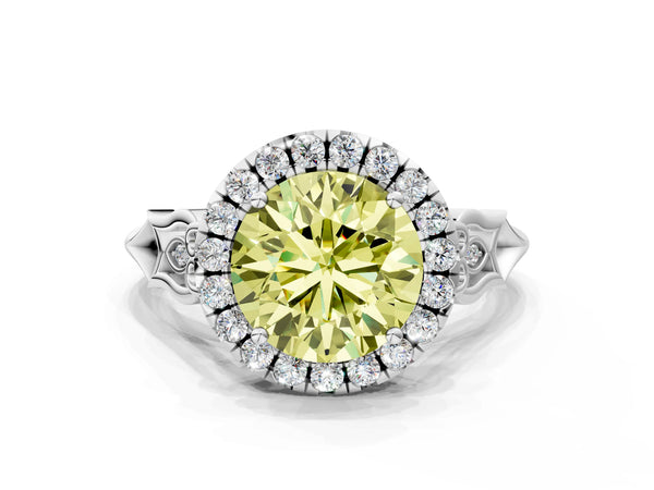 White gold Fancy Yellow Round  Halo Diamond Engagement Ring with Filigree Band and Four-Prong Setting