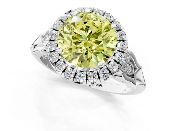 White gold Fancy Yellow Round  Halo Diamond Engagement Ring with Filigree Band and Four-Prong Setting