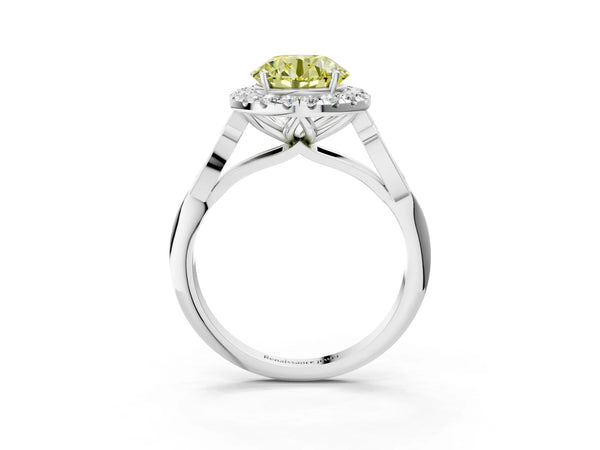 White gold Fancy Yellow Round  Halo Diamond Engagement Ring with Filigree Band and Four-Prong Setting