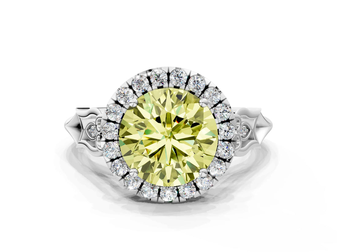 White gold Fancy Yellow Round  Halo Diamond Engagement Ring with Filigree Band and Four-Prong Setting_139