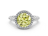 White gold Fancy Yellow Round  Halo Diamond Engagement Ring with Intricate Filigree Band and Four-Prong Setting