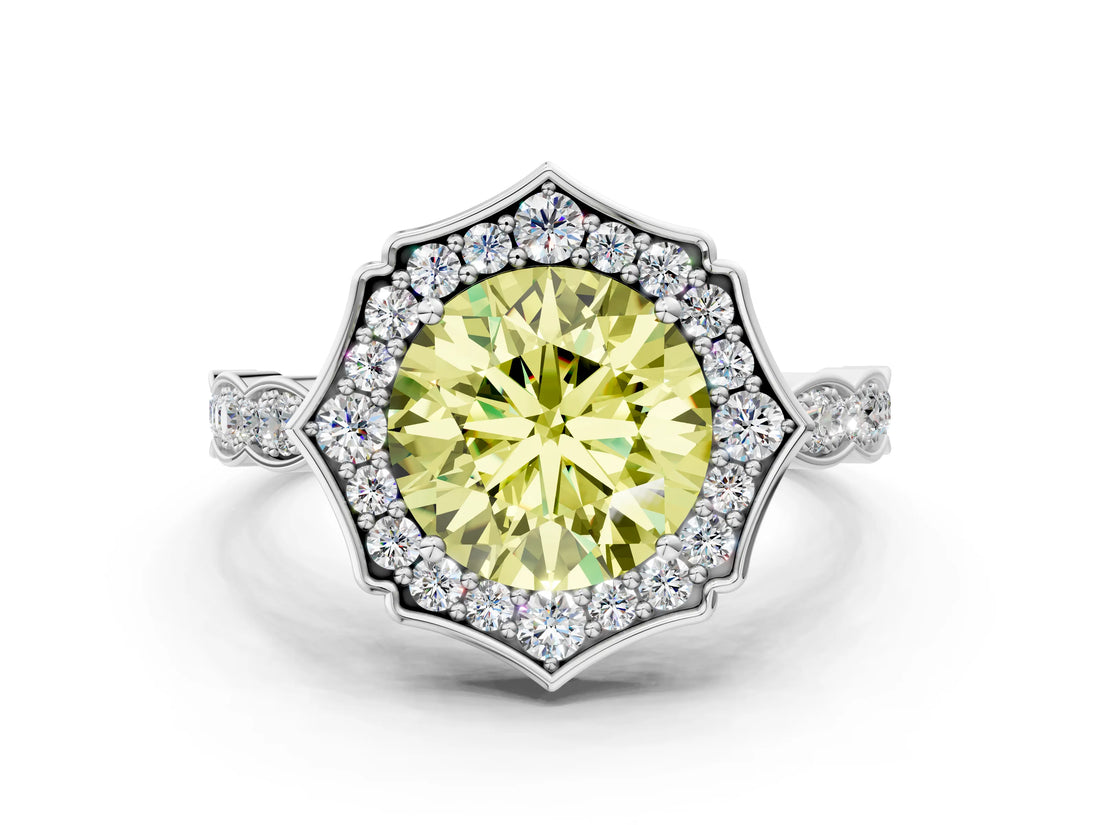 White gold Fancy Yellow Round  Halo Diamond Engagement Ring with Milgrain Band and Four-Prong Setting_29