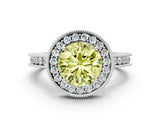 White gold Fancy Yellow Round  Halo Diamond Engagement Ring with Milgrain Pave Band and Four-Prong Setting_111