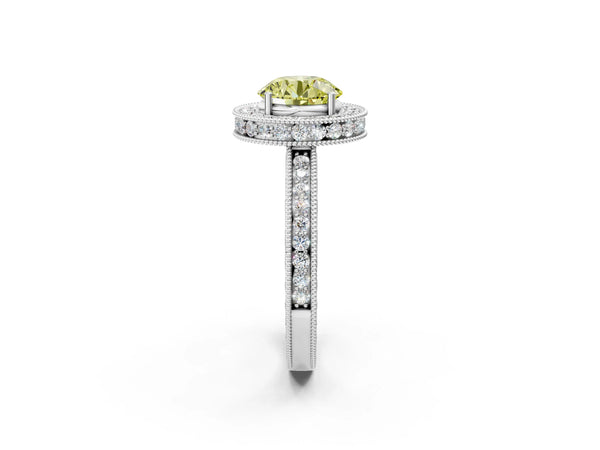 White gold Fancy Yellow Round  Halo Diamond Engagement Ring with Milgrain Pave Band and Four-Prong Setting