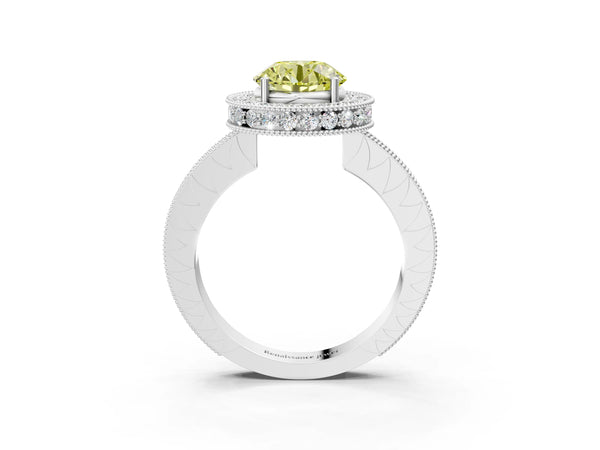 White gold Fancy Yellow Round  Halo Diamond Engagement Ring with Milgrain Pave Band and Four-Prong Setting
