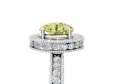 White gold Fancy Yellow Round  Halo Diamond Engagement Ring with Milgrain Pave Band and Four-Prong Setting_116