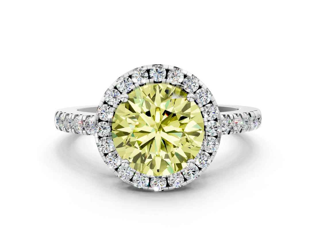 White gold Fancy Yellow Round  Halo Diamond Engagement Ring with Pavé Band and Four-Prong Setting_63