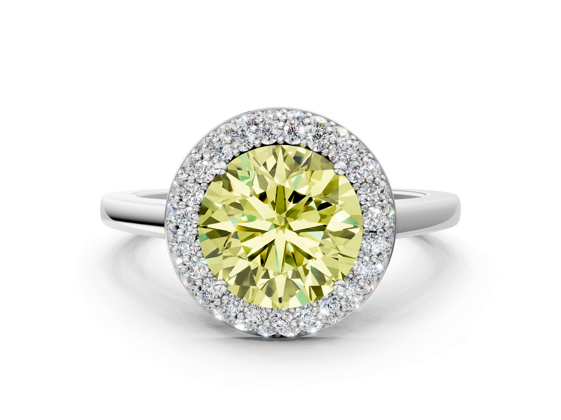 White gold Fancy Yellow Round  Halo Diamond Engagement Ring with Solitaire Band and Four-Prong Setting