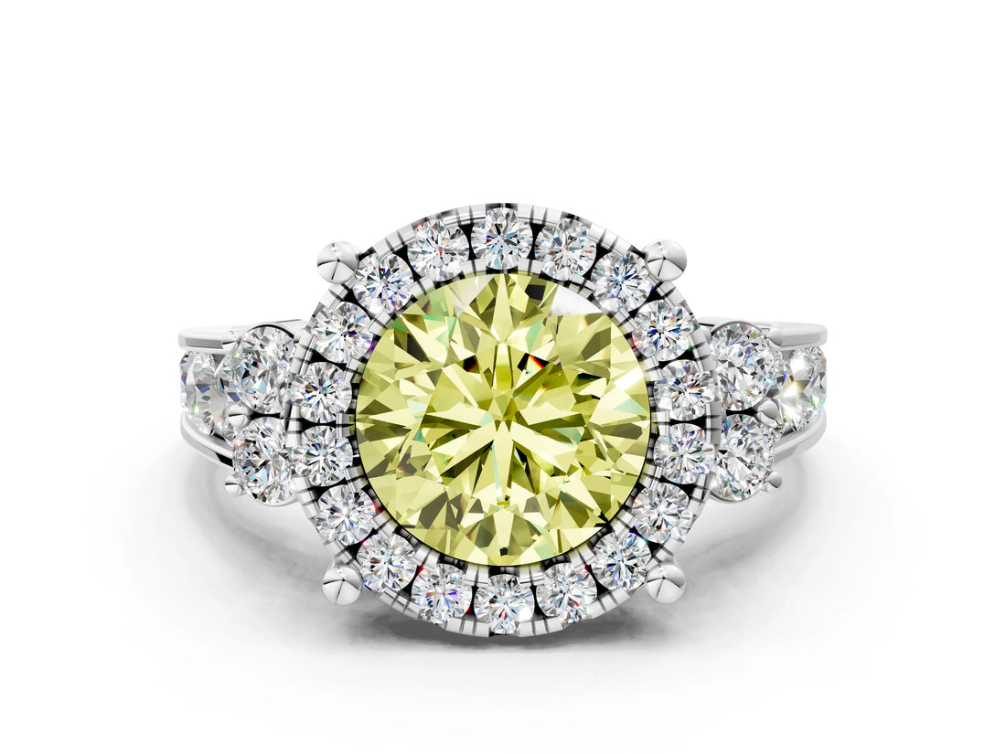 White gold Fancy Yellow Round  Halo Diamond Engagement Ring with Split Shank and Four-Prong Setting_35