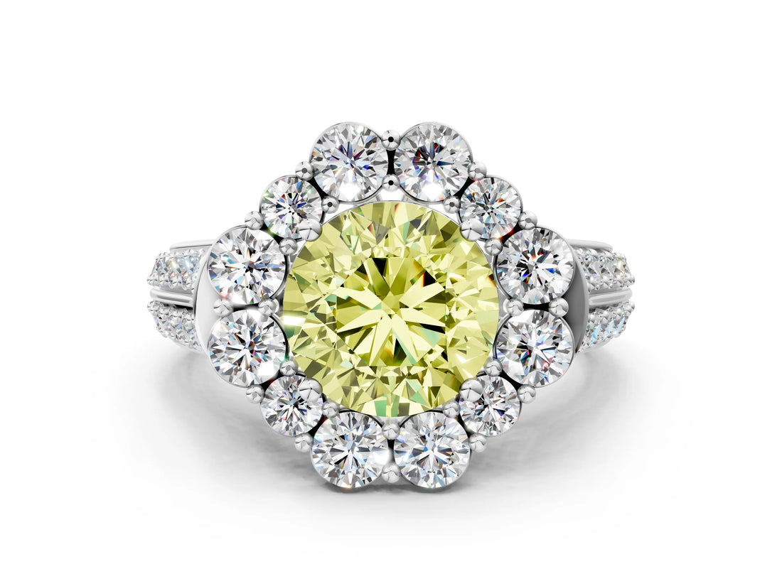 White gold Fancy Yellow Round  Halo Diamond Engagement Ring with Split Shank and Prong Setting_29