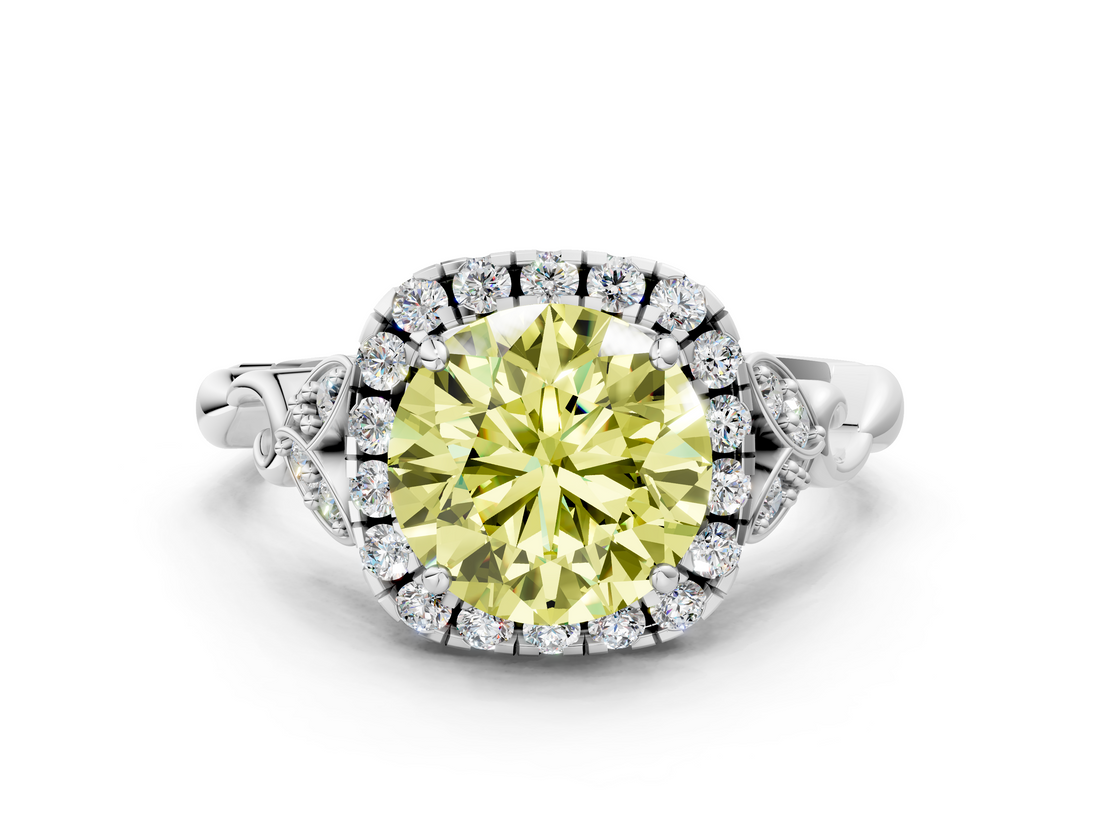 White gold Fancy Yellow Round  Halo Diamond Engagement Ring with Vintage-Inspired Band and Four-Prong Setting_3