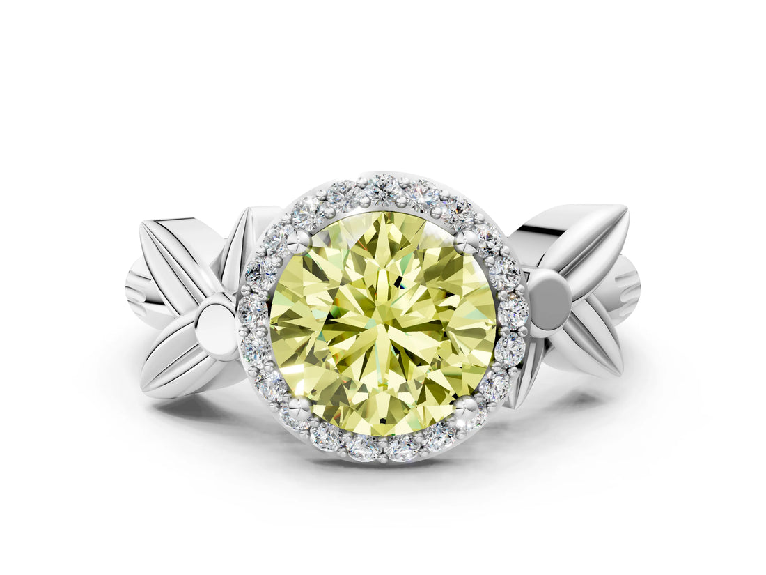 White gold Fancy Yellow Round  Halo Diamond Floral Band with Four-Prong Setting_35