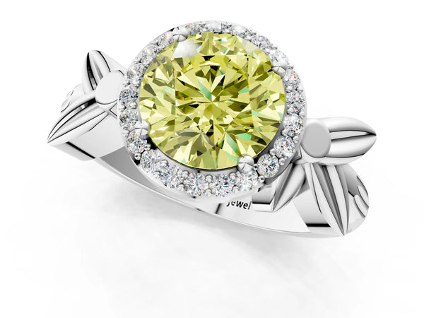 Platinum Fancy Yellow Round  Halo Diamond Floral Band with Four-Prong Setting