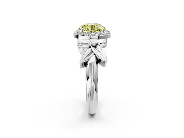 Platinum Fancy Yellow Round  Halo Diamond Floral Band with Four-Prong Setting