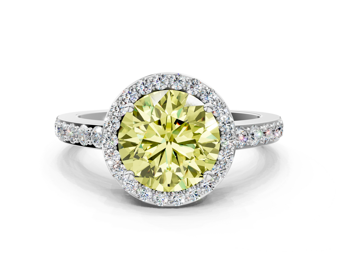 White gold Fancy Yellow Round  Halo Diamond Pavé Band Ring with Prong Setting