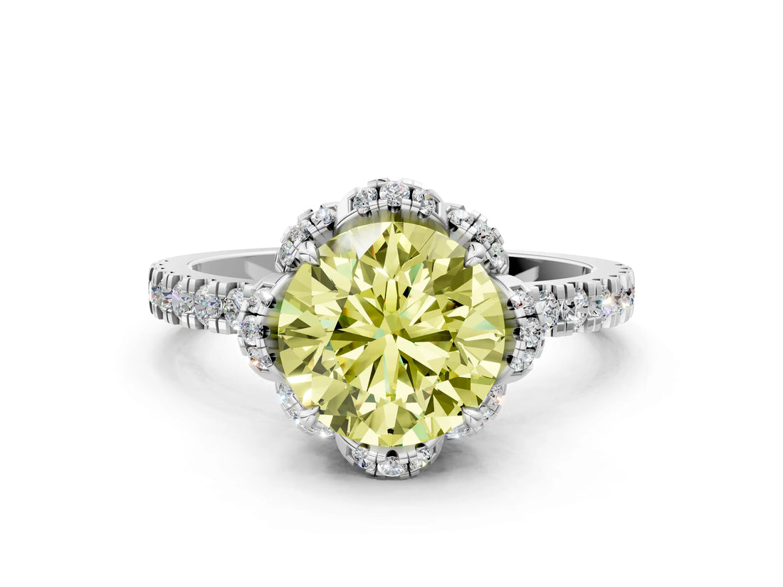 White gold Fancy Yellow Round  Halo Diamond Pave Band Ring with Four-Prong Setting_15