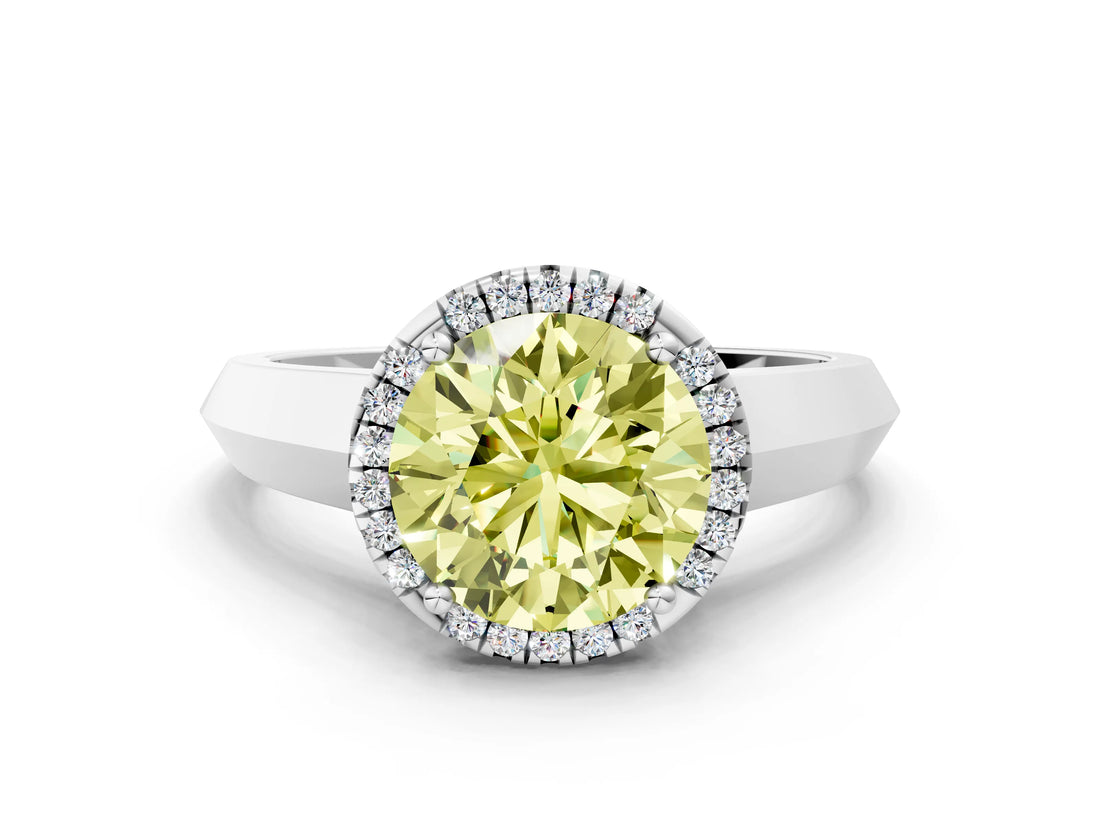 White gold Fancy Yellow Round  Halo Diamond Ring with Cathedral Band and Four-Prong Setting_29