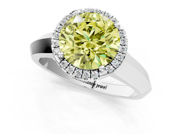 White gold Fancy Yellow Round  Halo Diamond Ring with Cathedral Band and Four-Prong Setting