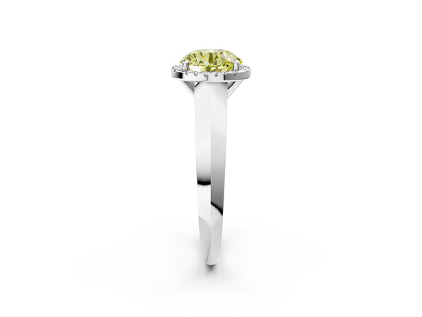 White gold Fancy Yellow Round  Halo Diamond Ring with Cathedral Band and Four-Prong Setting