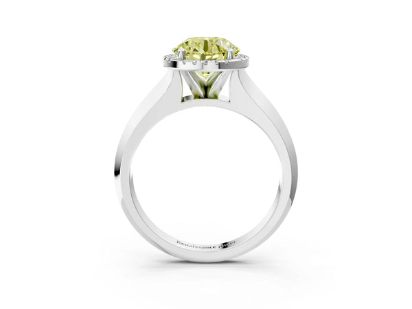 White gold Fancy Yellow Round  Halo Diamond Ring with Cathedral Band and Four-Prong Setting
