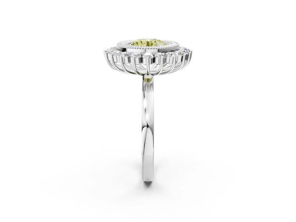 White gold Fancy Yellow Round  Halo Diamond Ring with Milgrain Edge and Round Prong Setting