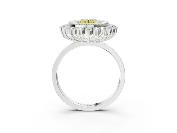 White gold Fancy Yellow Round  Halo Diamond Ring with Milgrain Edge and Round Prong Setting