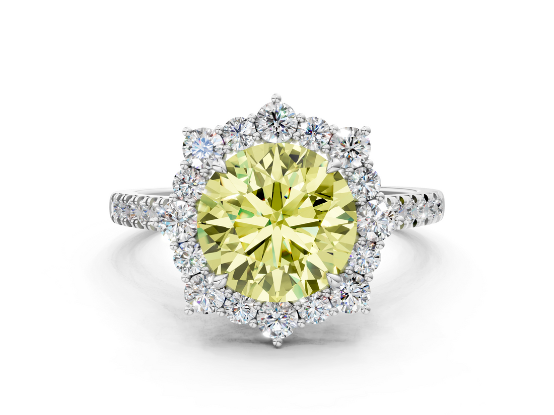 White gold Fancy Yellow Round  Halo Diamond Ring with Pavé Band and Prong Setting_17