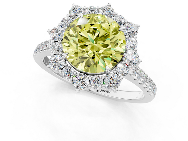 White gold Fancy Yellow Round  Halo Diamond Ring with Pavé Band and Prong Setting