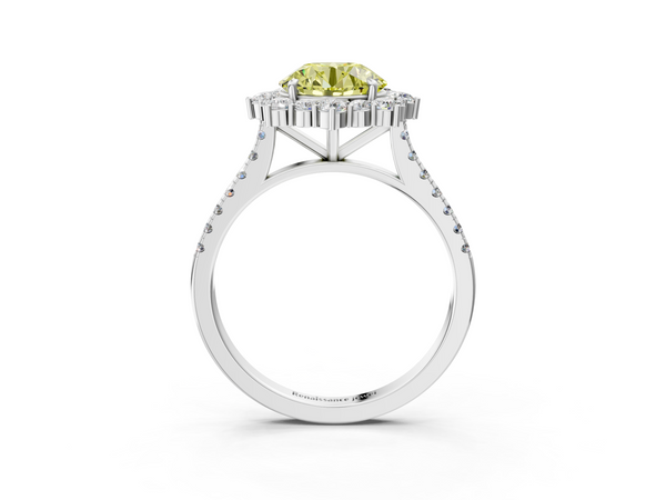 White gold Fancy Yellow Round  Halo Diamond Ring with Pavé Band and Prong Setting