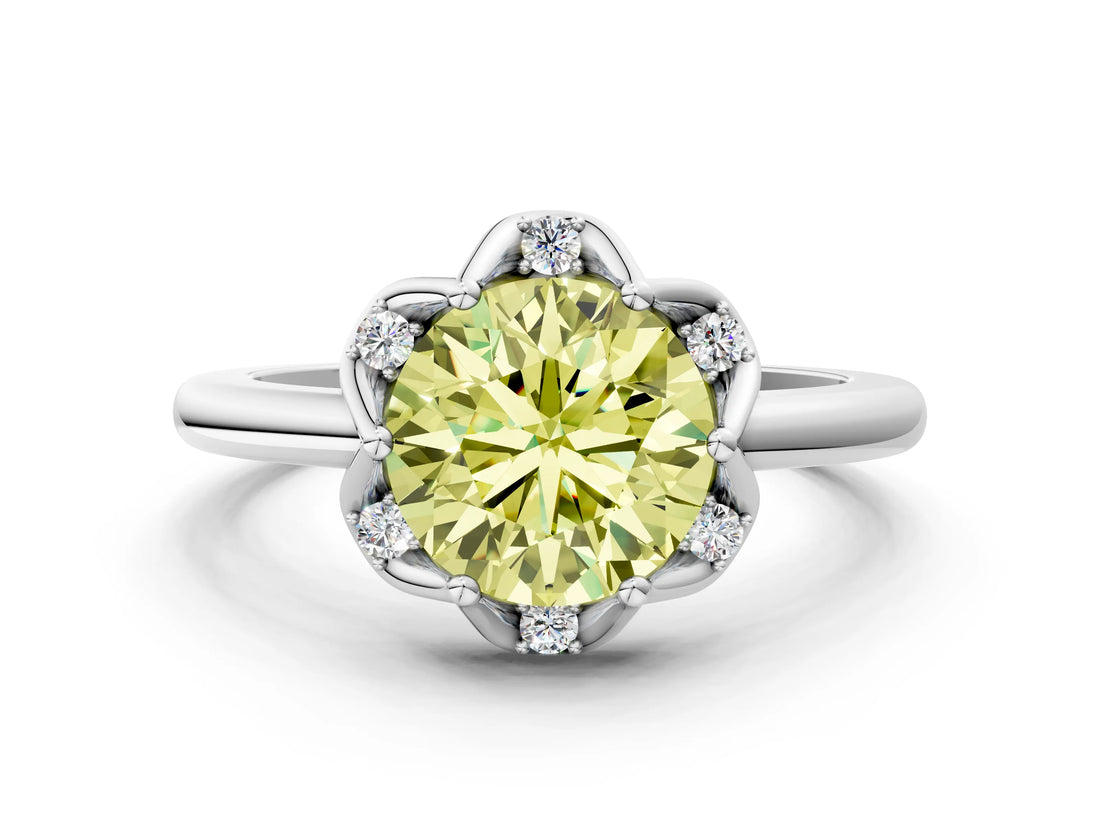 White gold Fancy Yellow Round  Halo Diamond Ring with Round Cluster Setting, Solitaire Band, and Four-Prong Setting_36