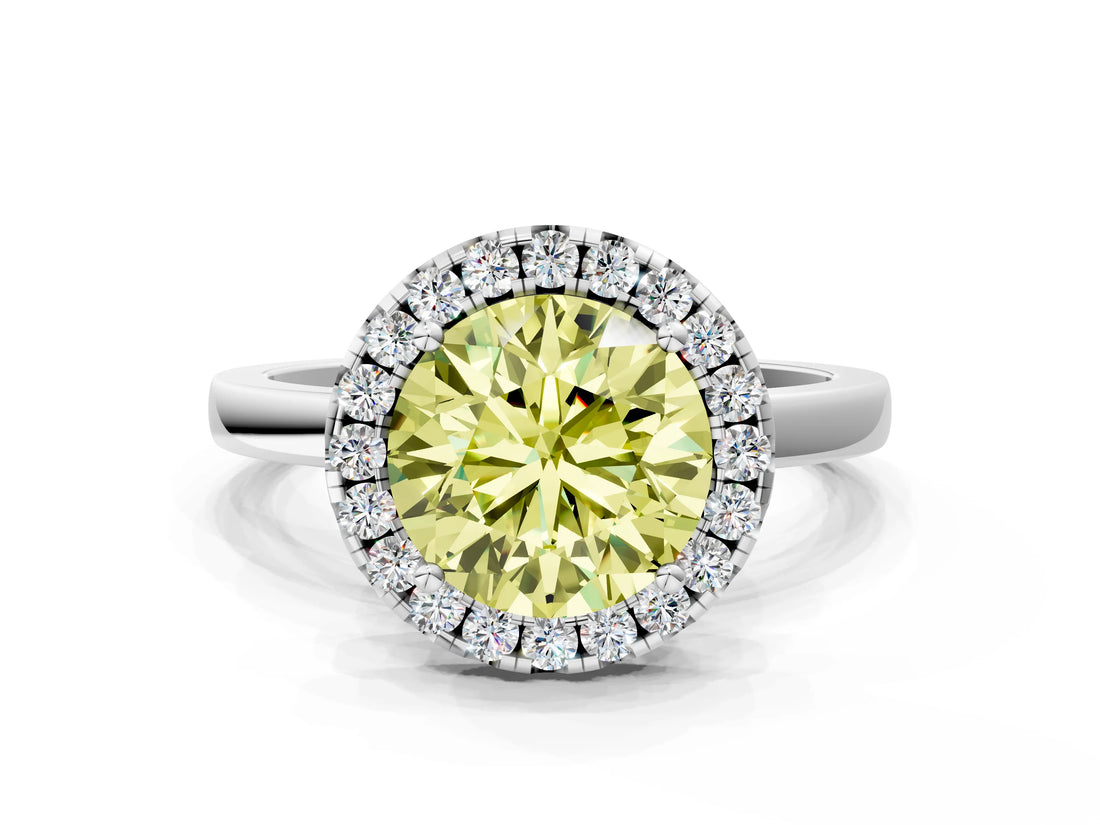 White gold Fancy Yellow Round  Halo Diamond Solitaire with Pavé Band and Four-Prong Setting_29