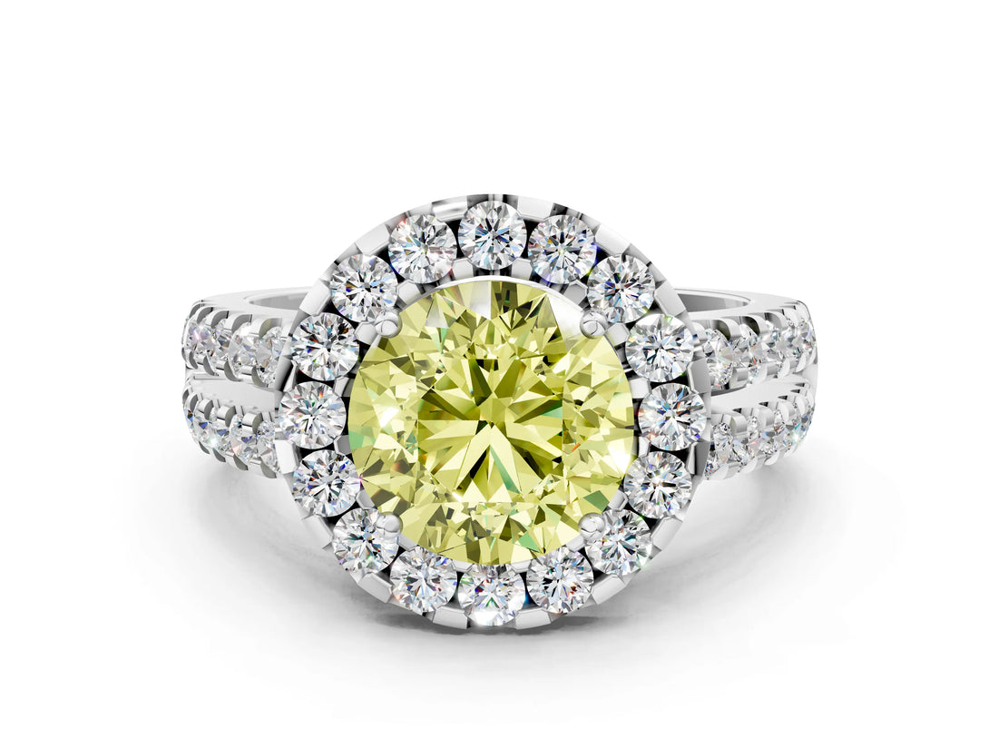 White gold Fancy Yellow Round  Halo Diamond Split Shank Engagement Ring with Prong Setting_129