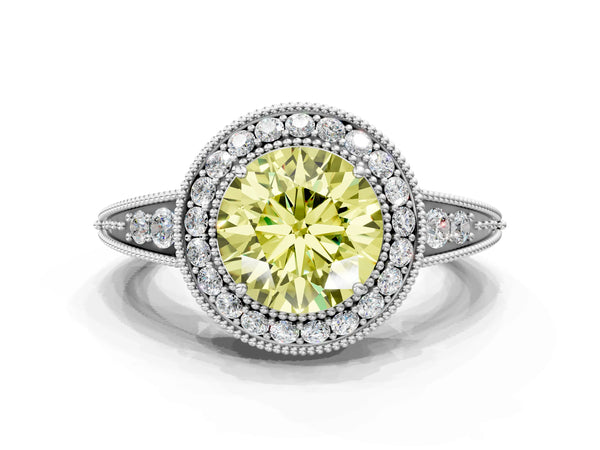 Platinum Fancy Yellow Round  Halo Diamond Split Shank Ring with Milgrain Detail