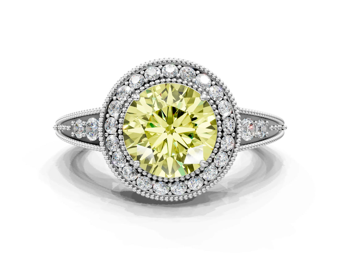 White gold Fancy Yellow Round  Halo Diamond Split Shank Ring with Milgrain Detail_30