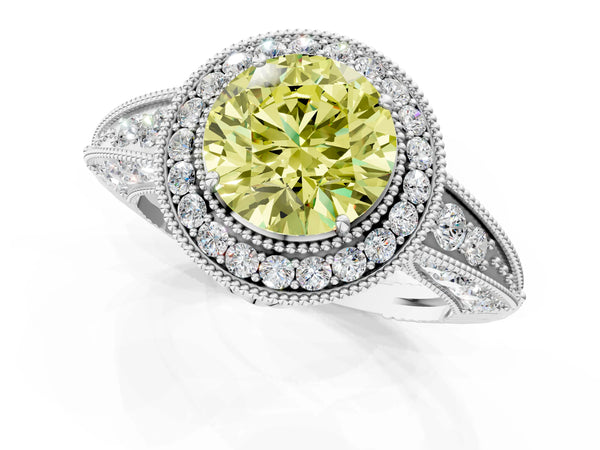 Platinum Fancy Yellow Round  Halo Diamond Split Shank Ring with Milgrain Detail