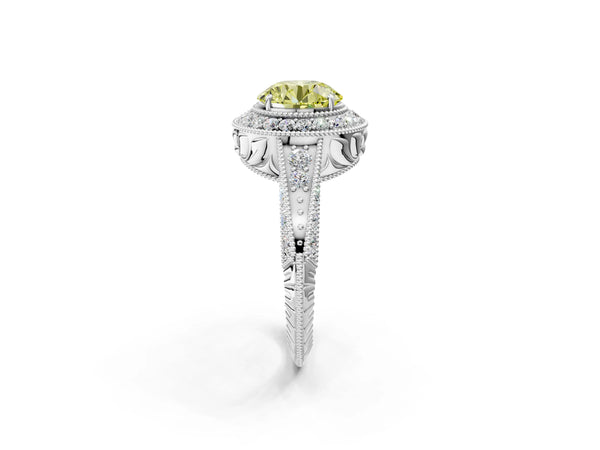 Platinum Fancy Yellow Round  Halo Diamond Split Shank Ring with Milgrain Detail