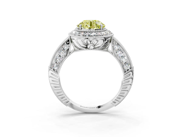 Platinum Fancy Yellow Round  Halo Diamond Split Shank Ring with Milgrain Detail