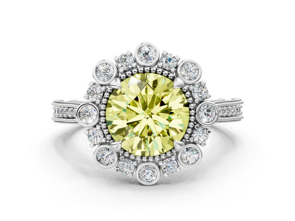 White gold Fancy Yellow Round  Halo Milgrain Pave Diamond Ring with Four-Prong Setting