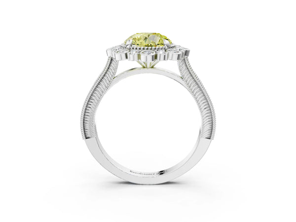White gold Fancy Yellow Round  Halo Milgrain Pave Diamond Ring with Four-Prong Setting